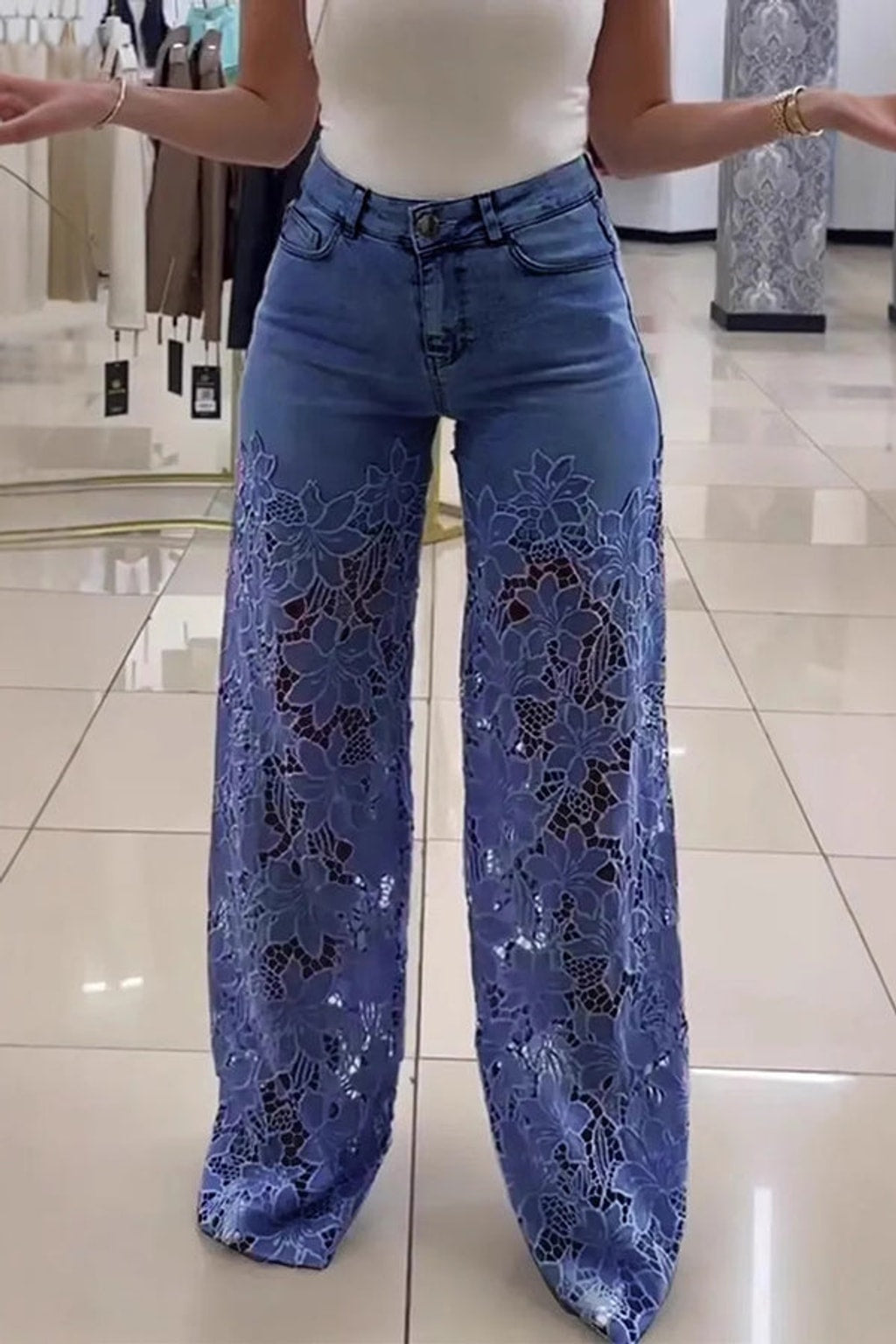Denim Wide-Leg Pants With Lace Stitching - 6