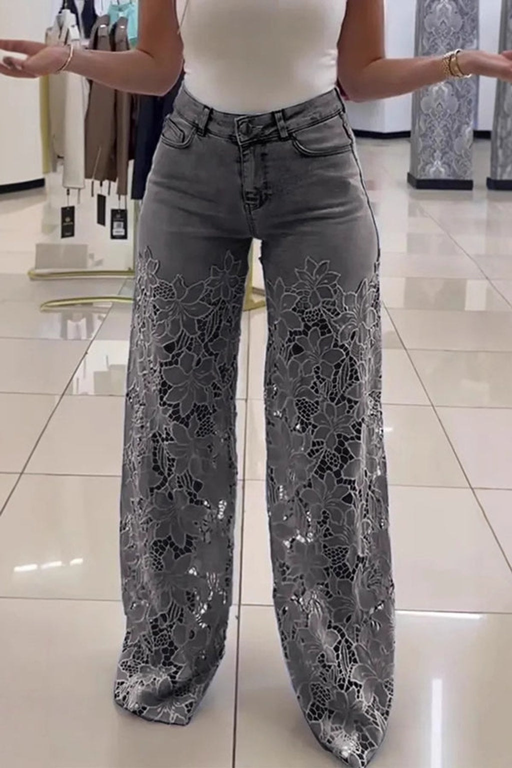 Denim Wide-Leg Pants With Lace Stitching - 7