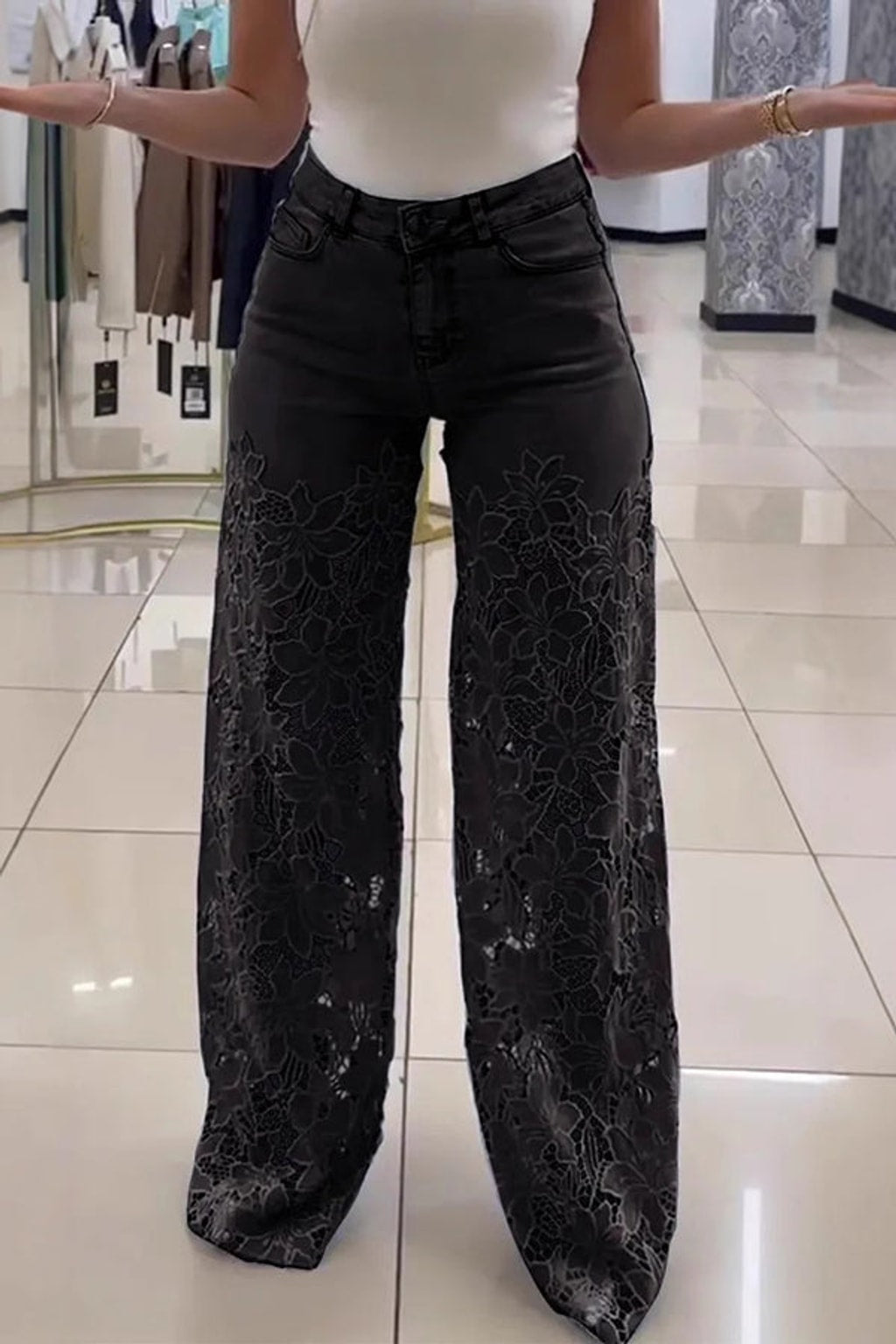 Denim Wide-Leg Pants With Lace Stitching - 8