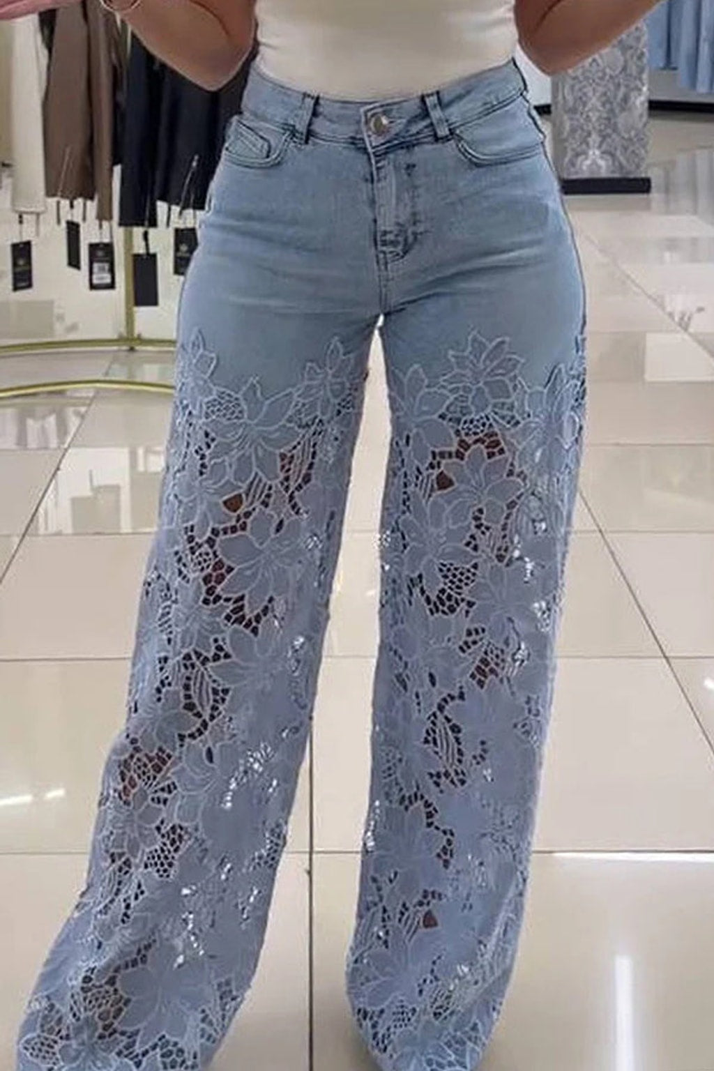 Denim Wide-Leg Pants With Lace Stitching - 4