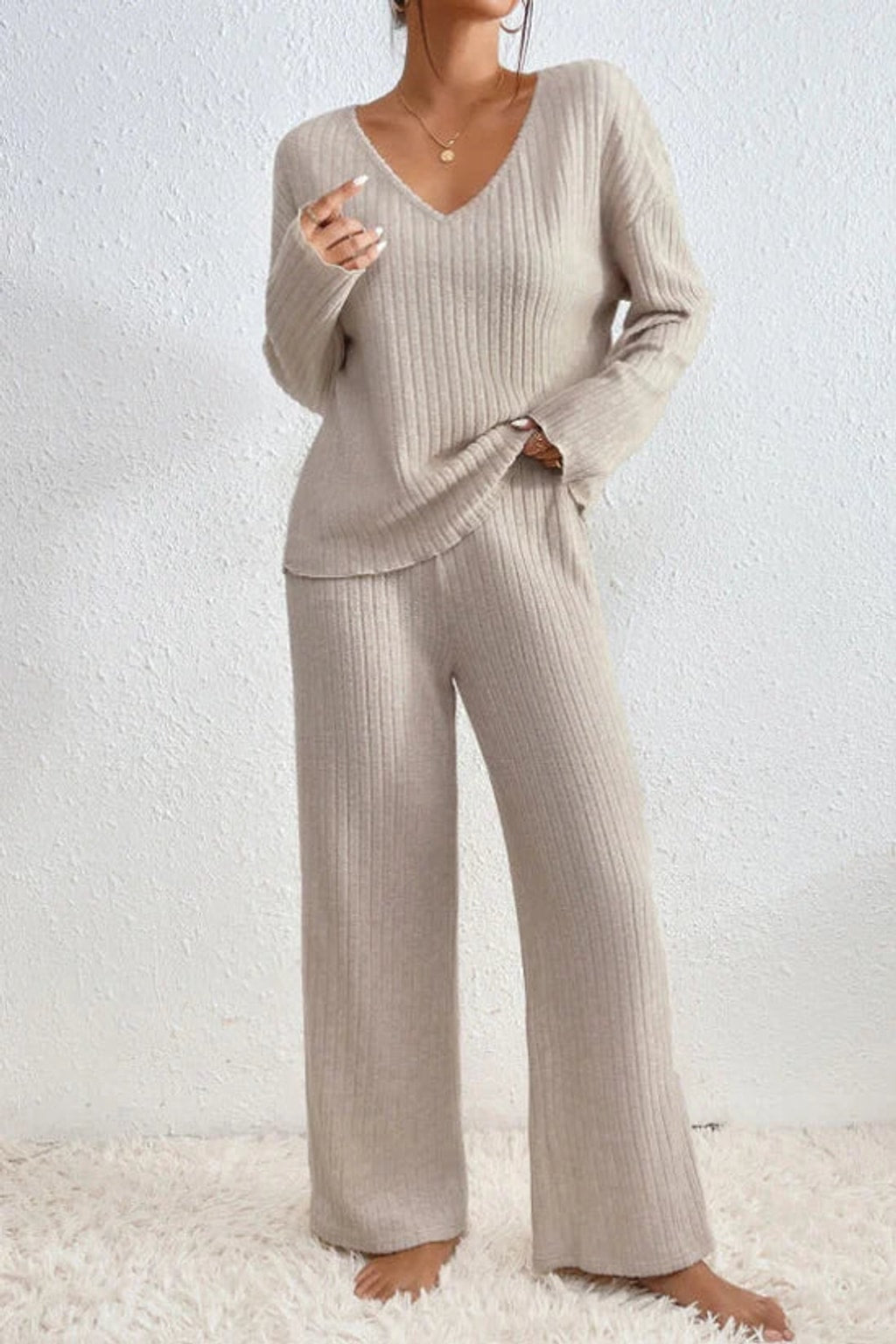 Ribbed Knit Loungewear Set With Relaxed Fit - 1