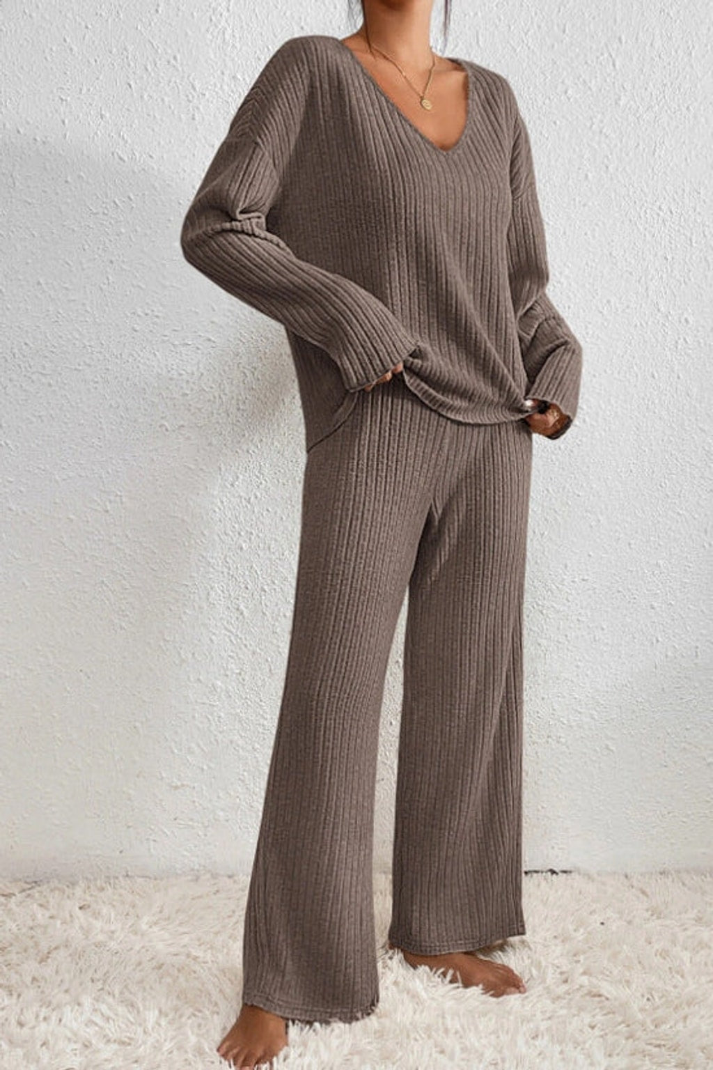 Ribbed Knit Loungewear Set With Relaxed Fit - 2