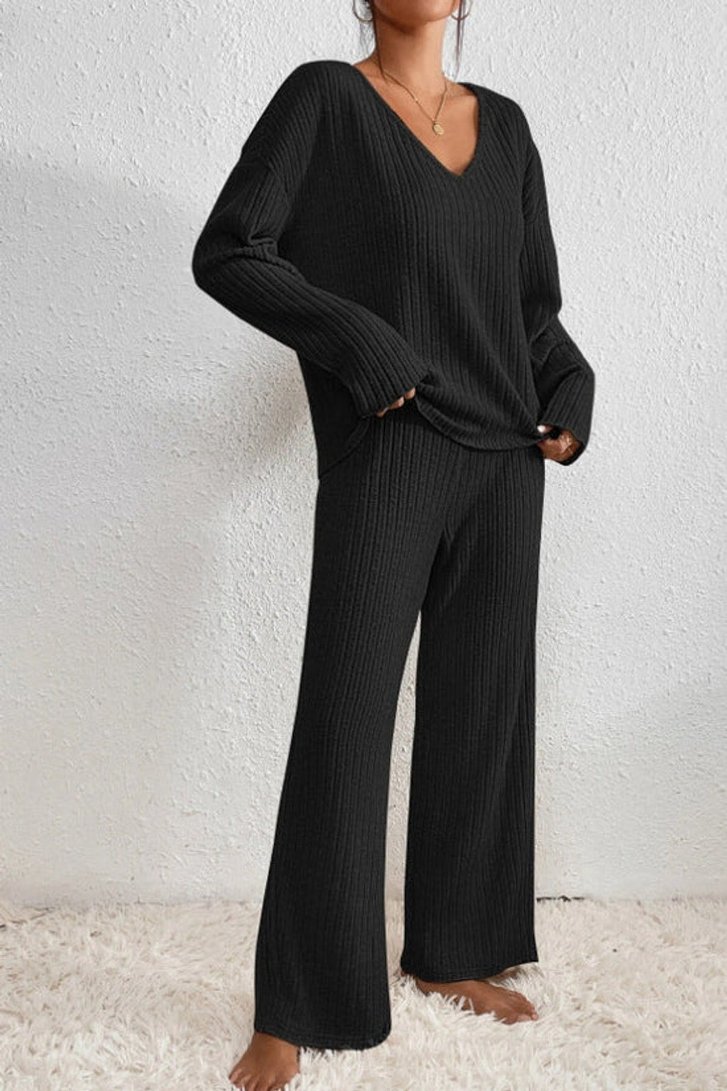 Ribbed Knit Loungewear Set With Relaxed Fit - 3