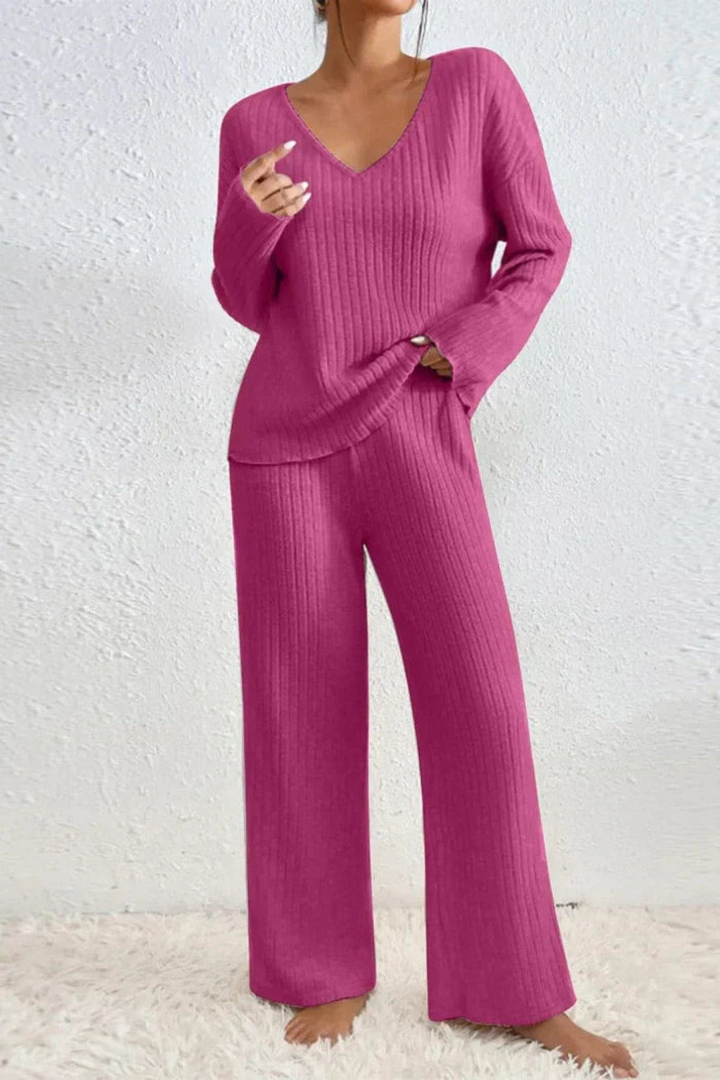 Ribbed Knit Loungewear Set With Relaxed Fit - 4