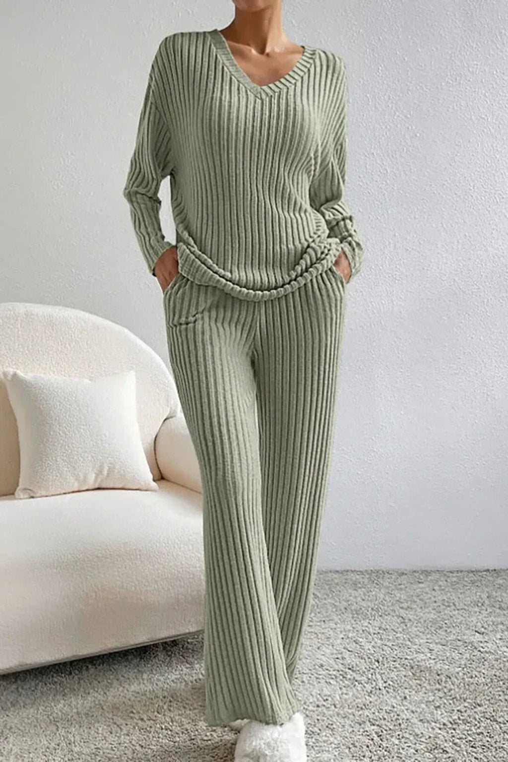 Ribbed Knit Loungewear Set With Relaxed Fit - 5