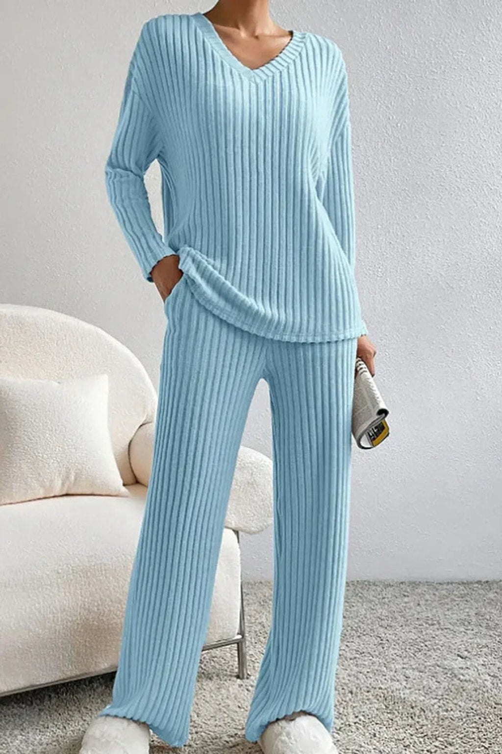 Ribbed Knit Loungewear Set With Relaxed Fit - 6