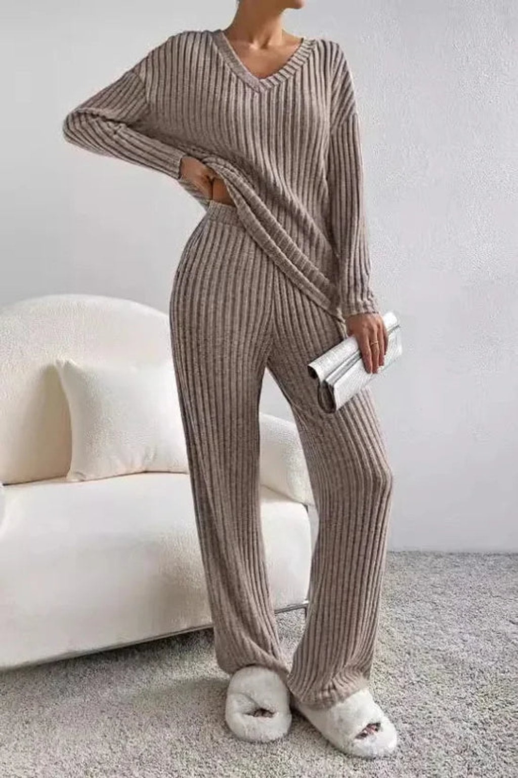 Ribbed Knit Loungewear Set With Relaxed Fit - 7