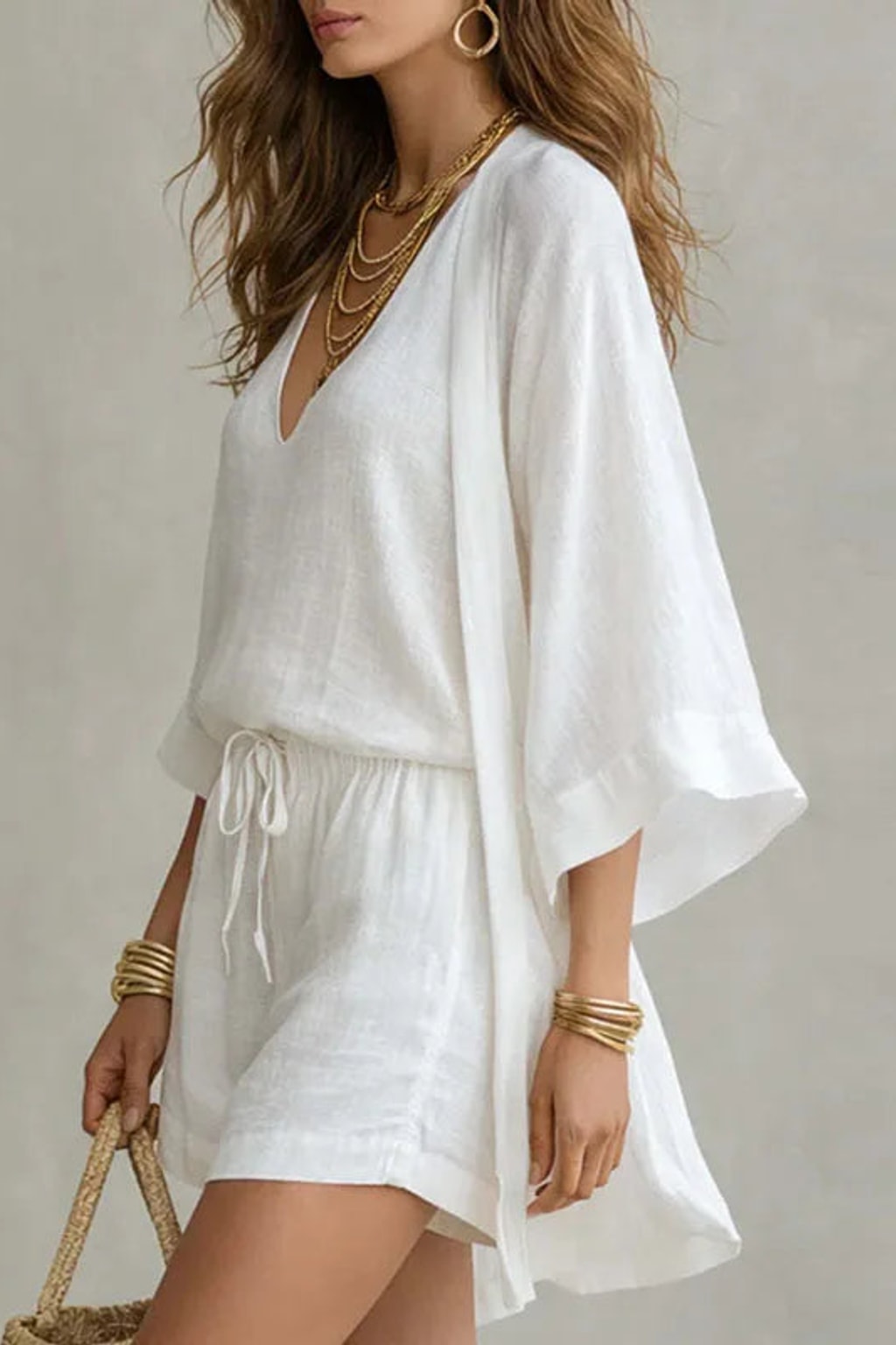Woven Short Set With Kimono Layer - 3