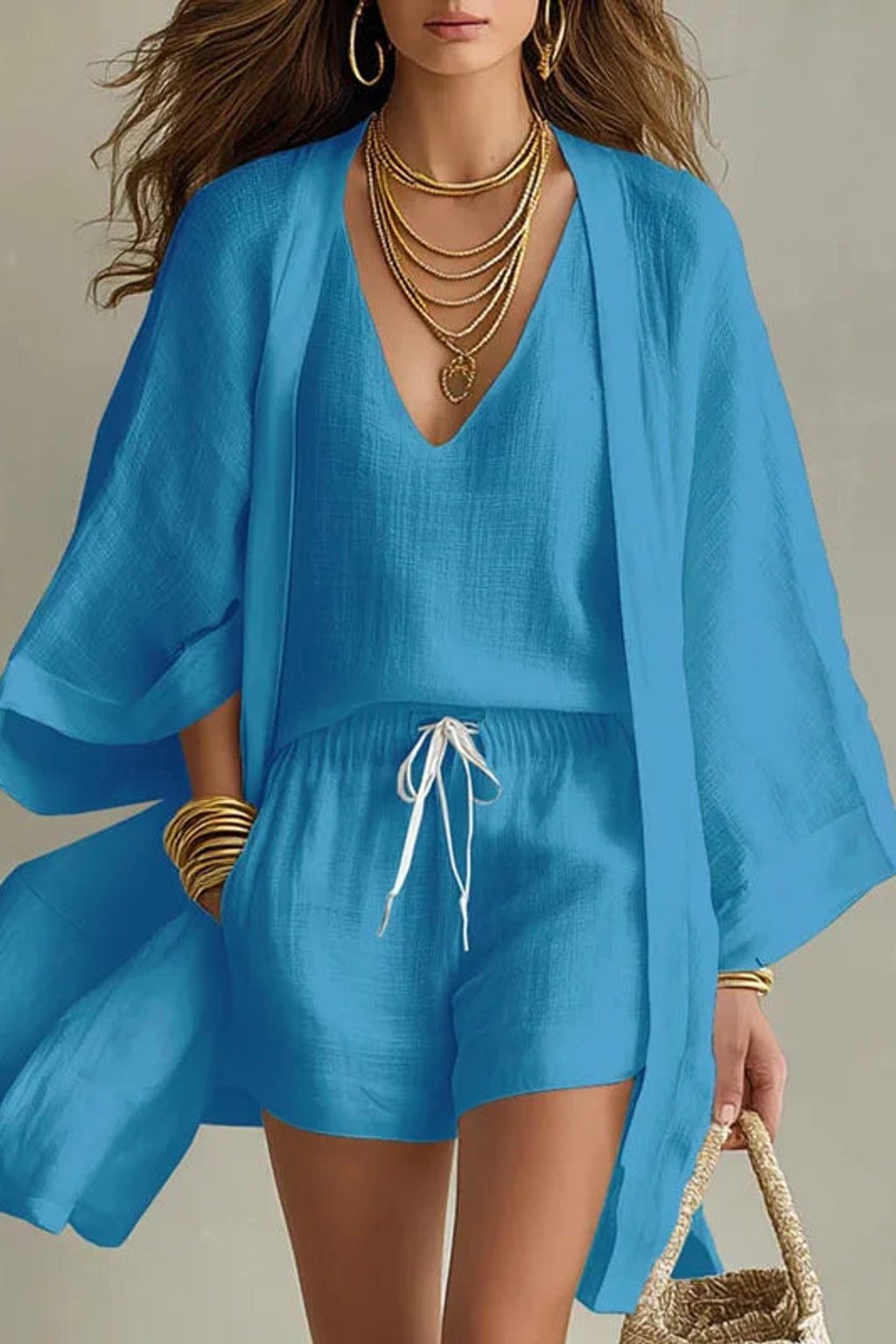 Woven Short Set With Kimono Layer - 5