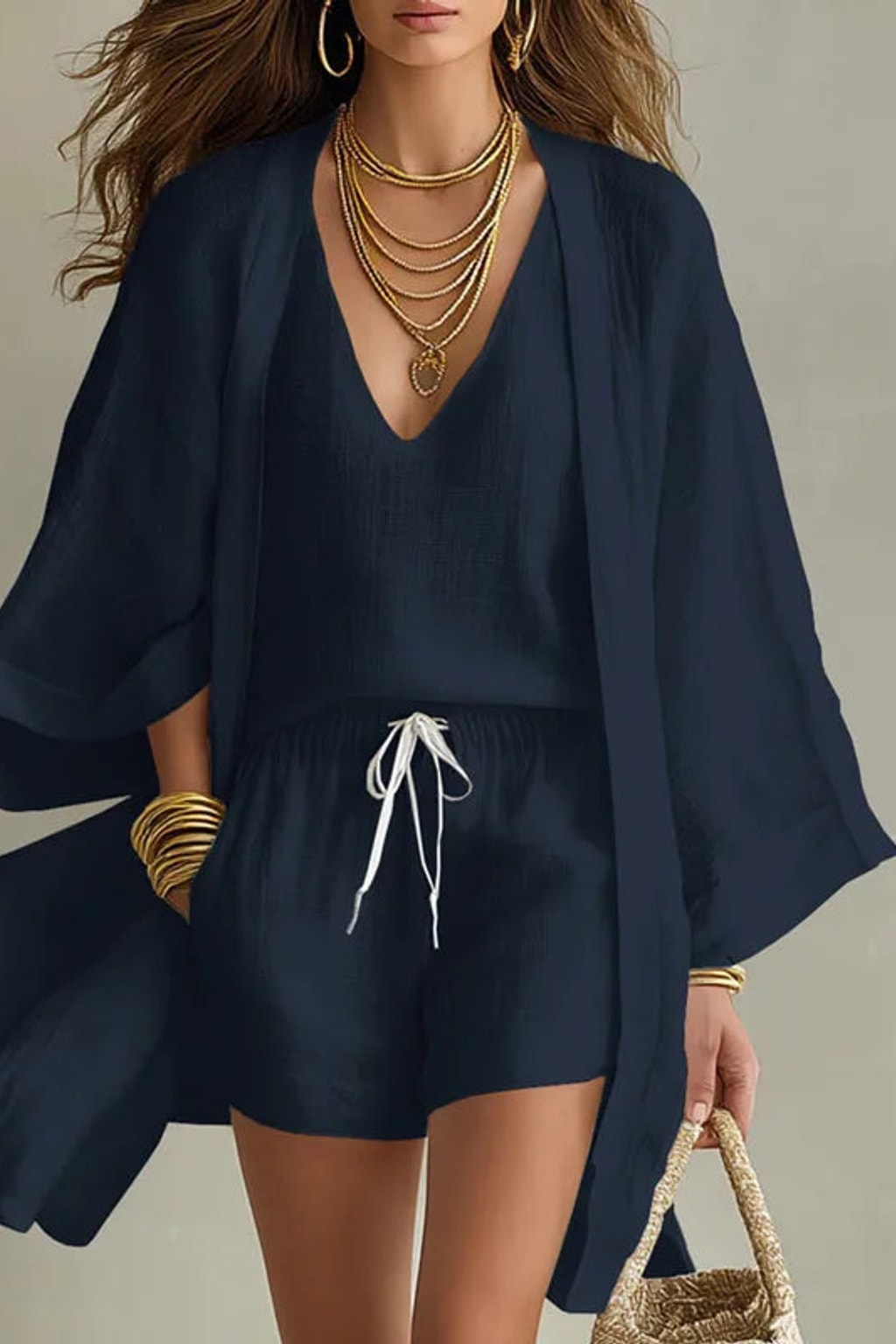 Woven Short Set With Kimono Layer - 6