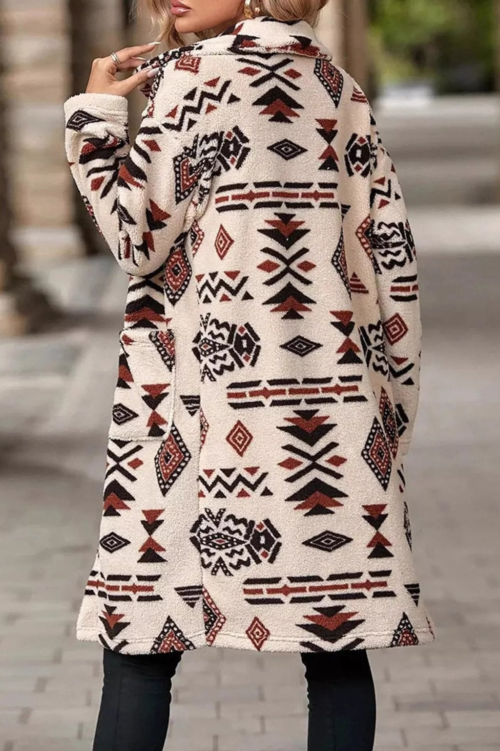 Polyester Longline Coat With Geometric Pattern - 3