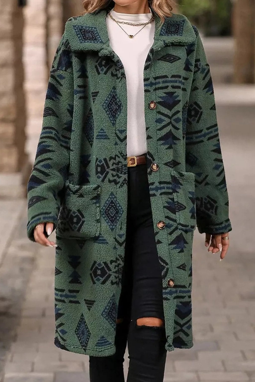 Polyester Longline Coat With Geometric Pattern - 4