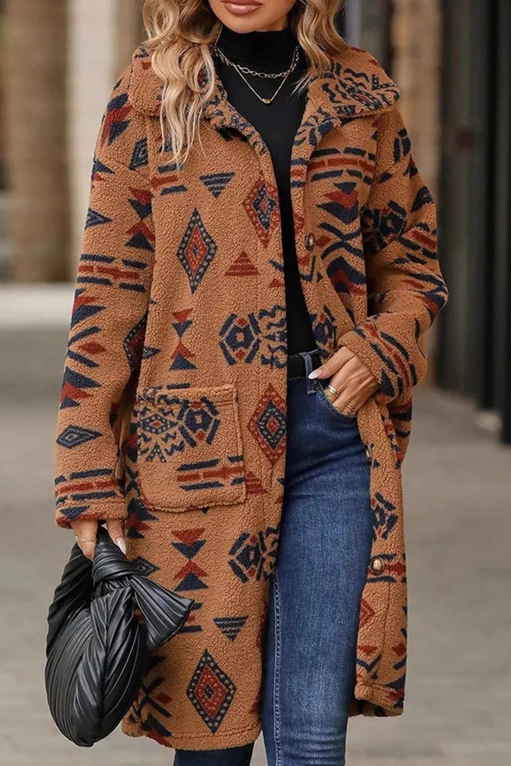 Polyester Longline Coat With Geometric Pattern - 5