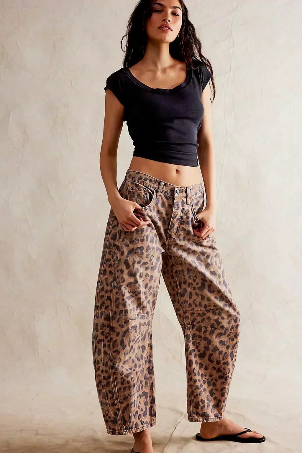 Denim Jeans With Leopard Print Barrel Leg - 6