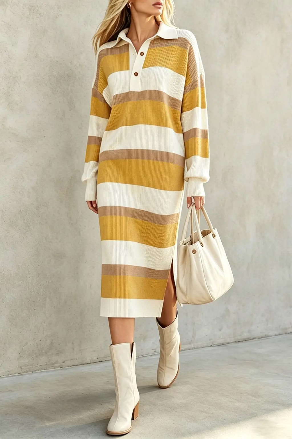 Polyester Sweater Dress With Polo Collar - 5