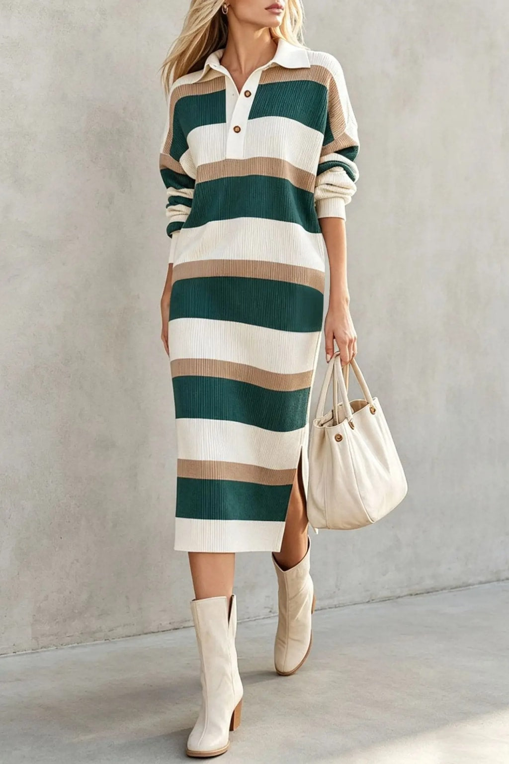 Polyester Sweater Dress With Polo Collar - 4