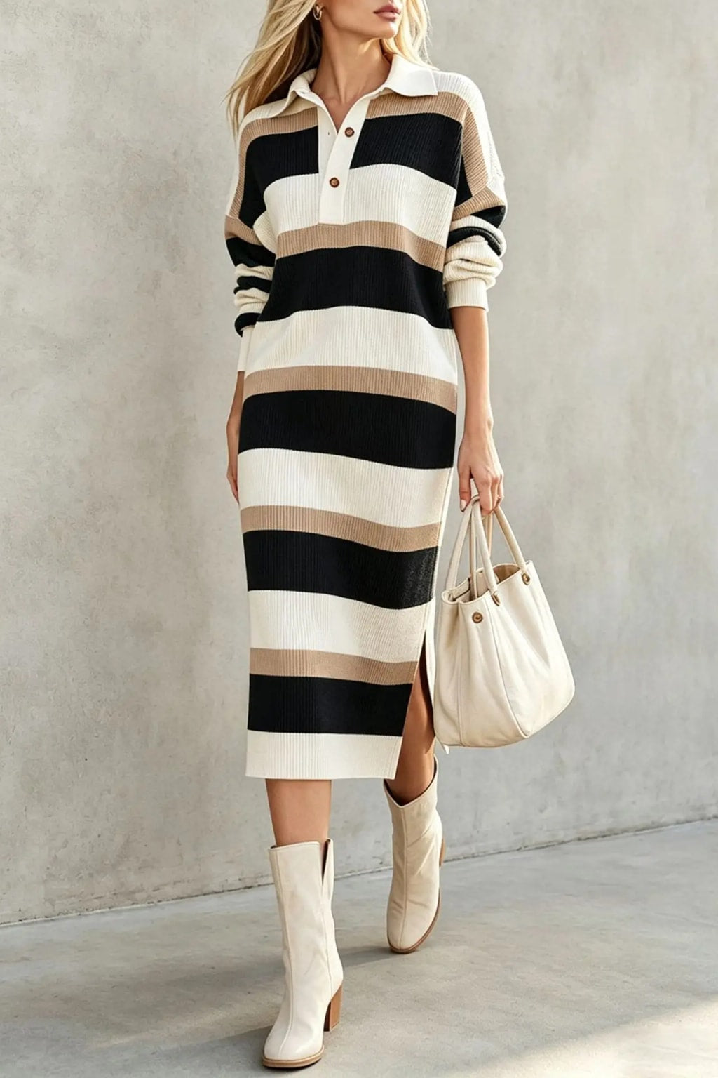 Polyester Sweater Dress With Polo Collar - 7