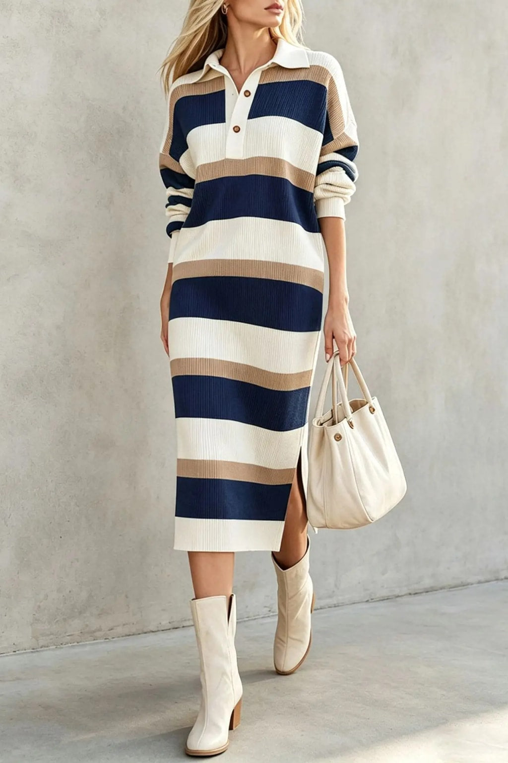 Polyester Sweater Dress With Polo Collar - 6