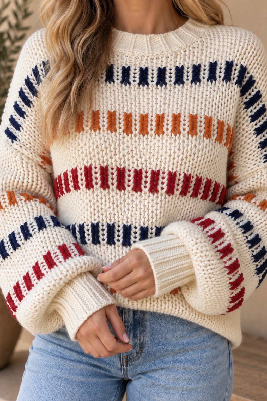 Polyester Pullover Sweater With Open-Knit Texture - 4