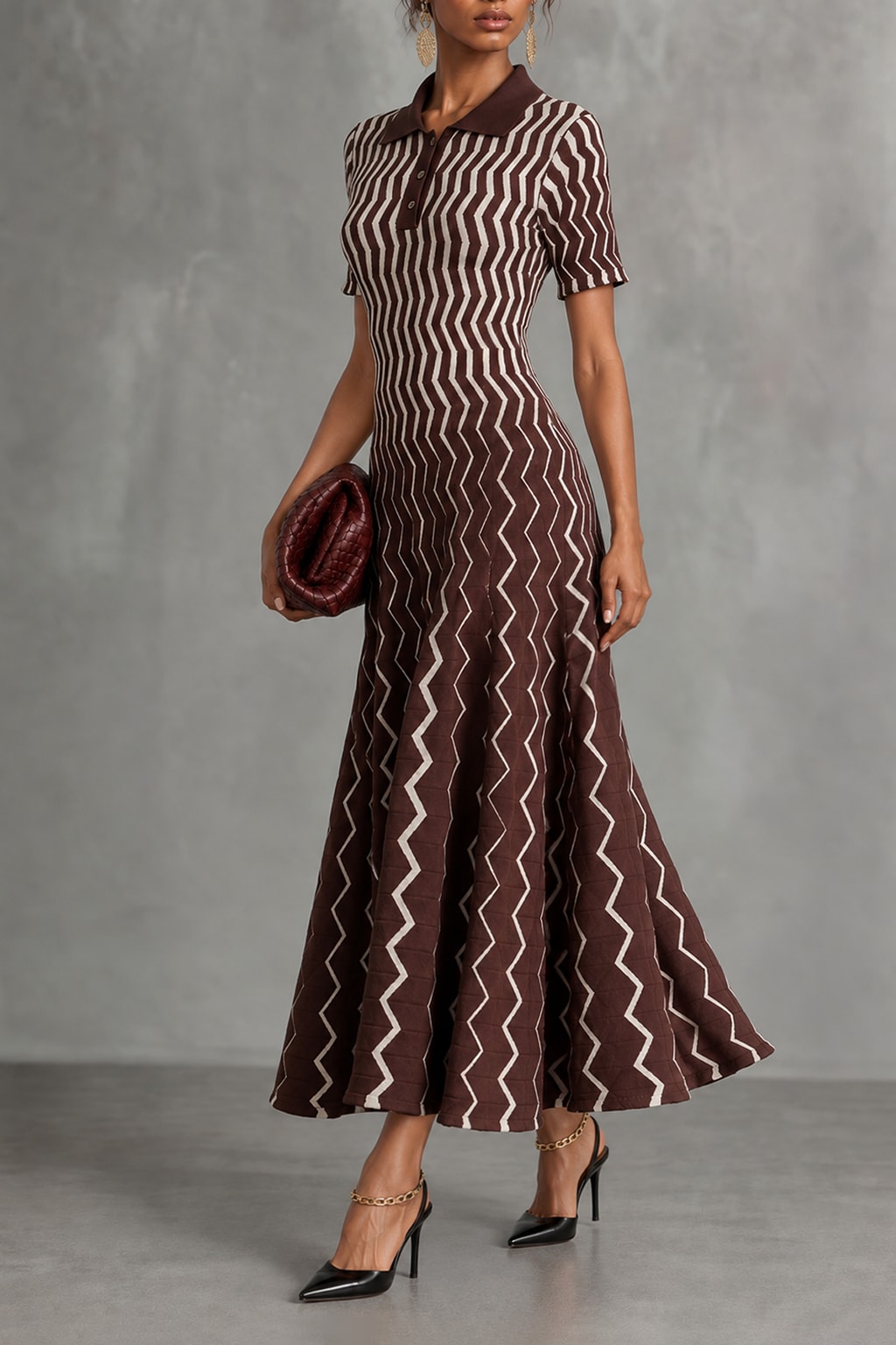 Terylene Midi Dress With V Neck Stripe Style - 3