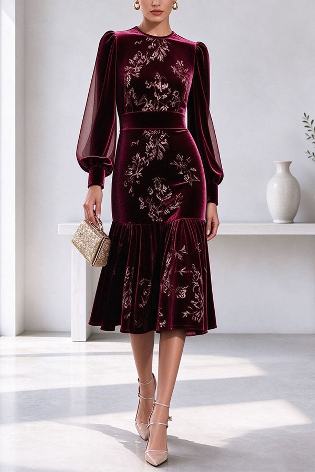 Polyester Dress With Sheer Sleeves - 2