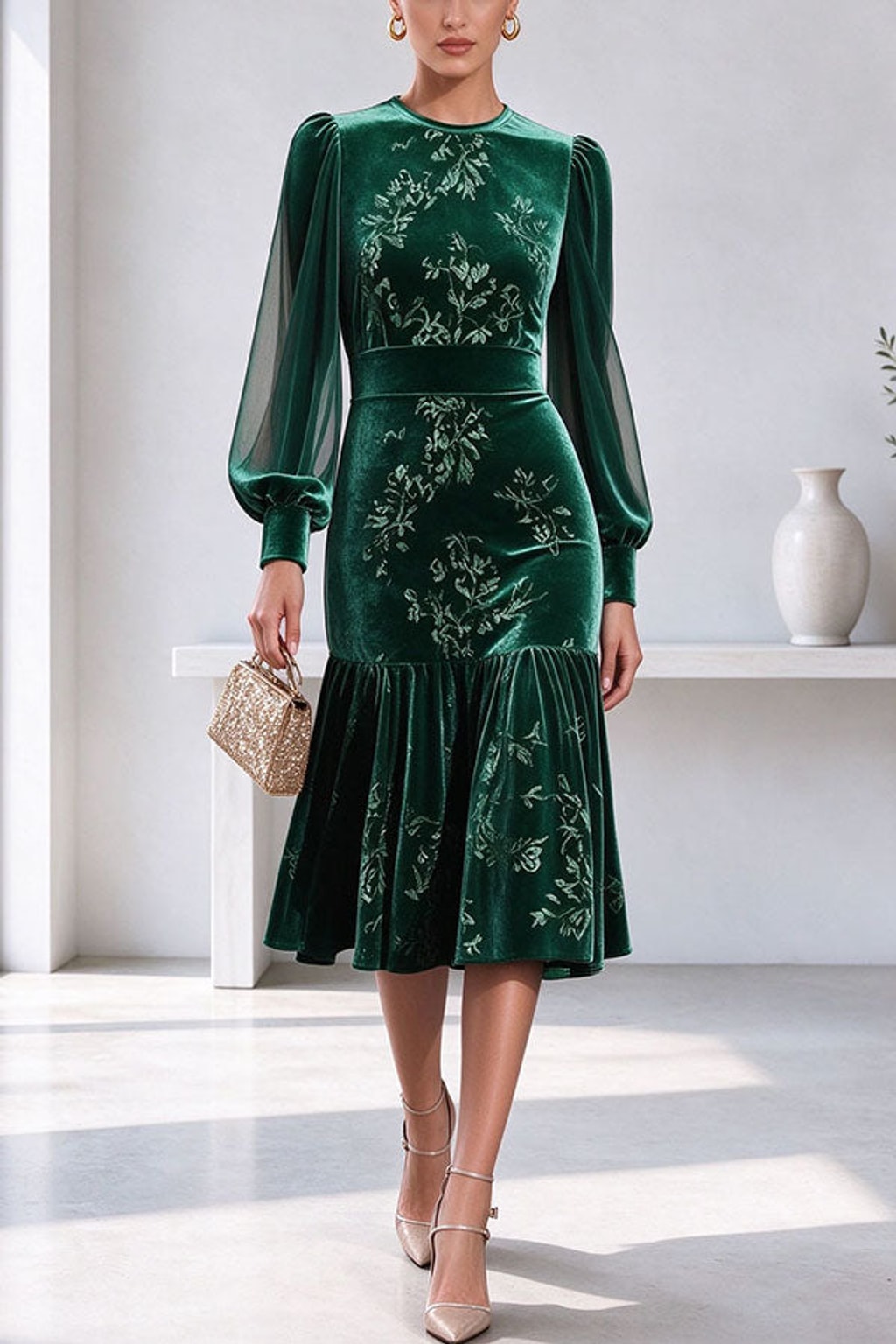 Polyester Dress With Sheer Sleeves - 5