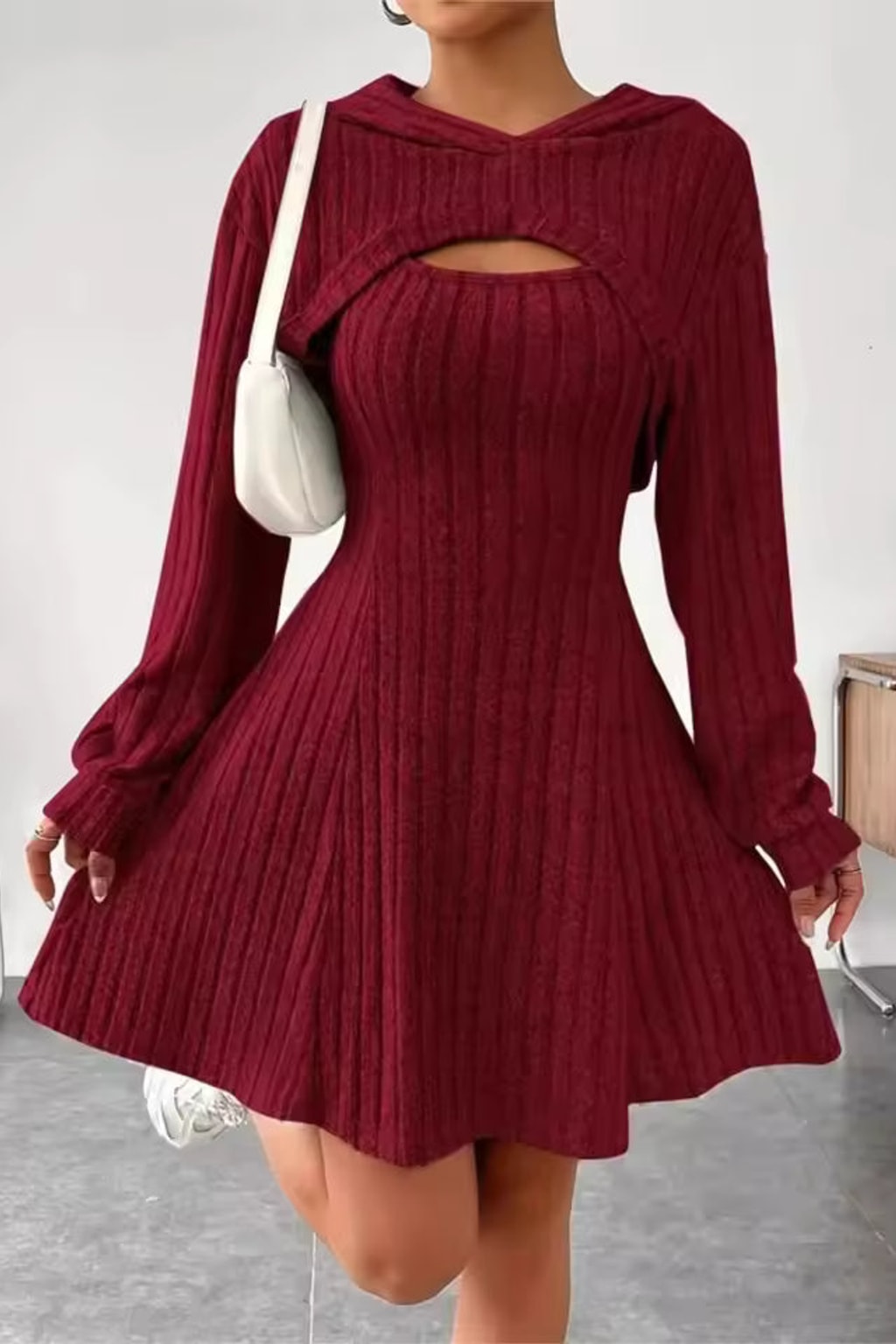 Ribbed Knit Dress Set With Cropped Hoodie - 1