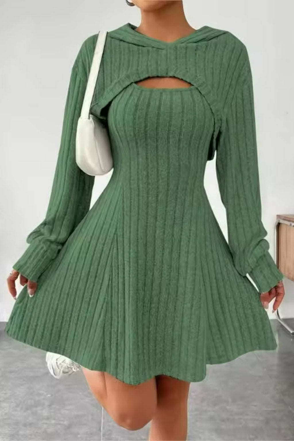 Ribbed Knit Dress Set With Cropped Hoodie - 2