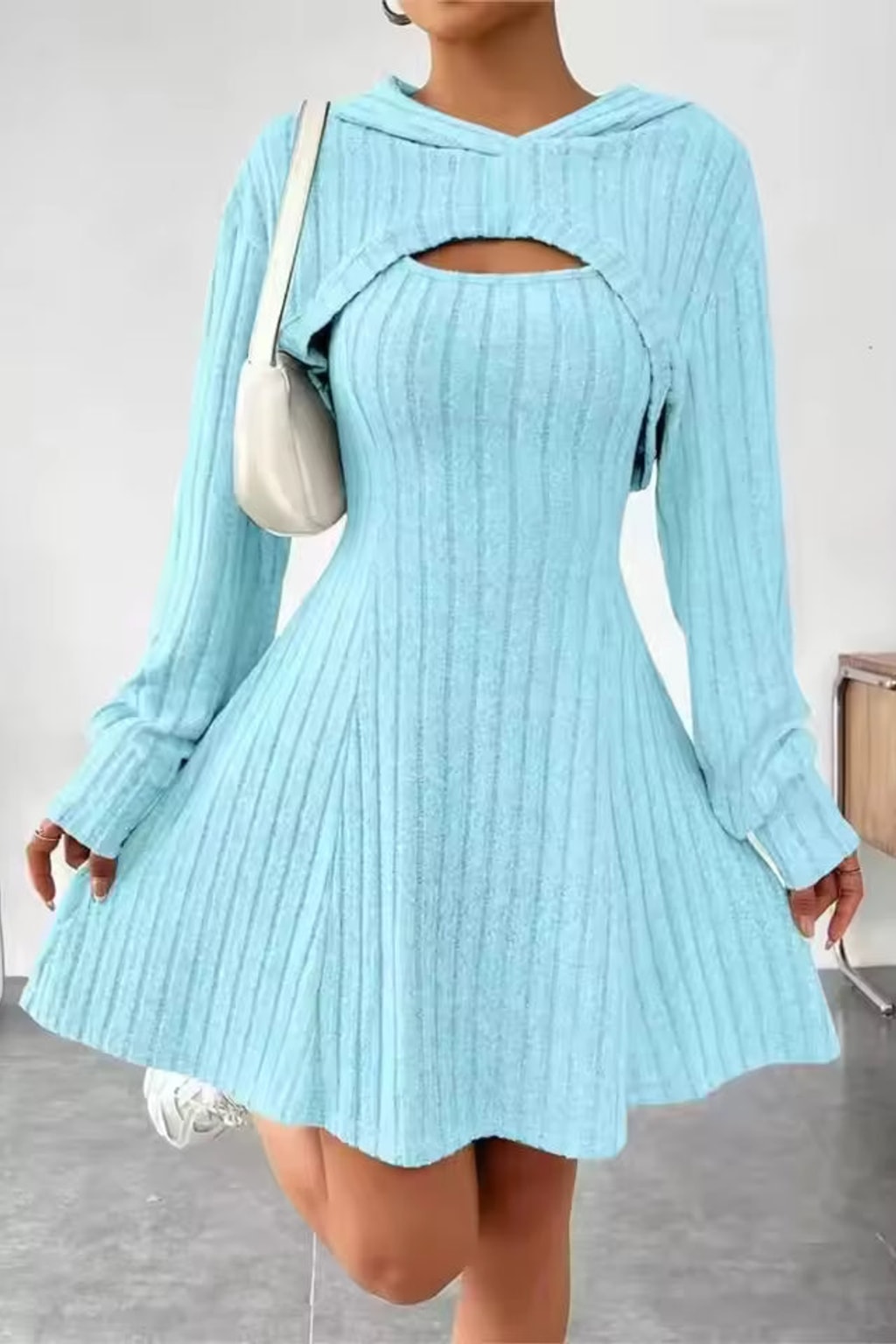 Ribbed Knit Dress Set With Cropped Hoodie - 3