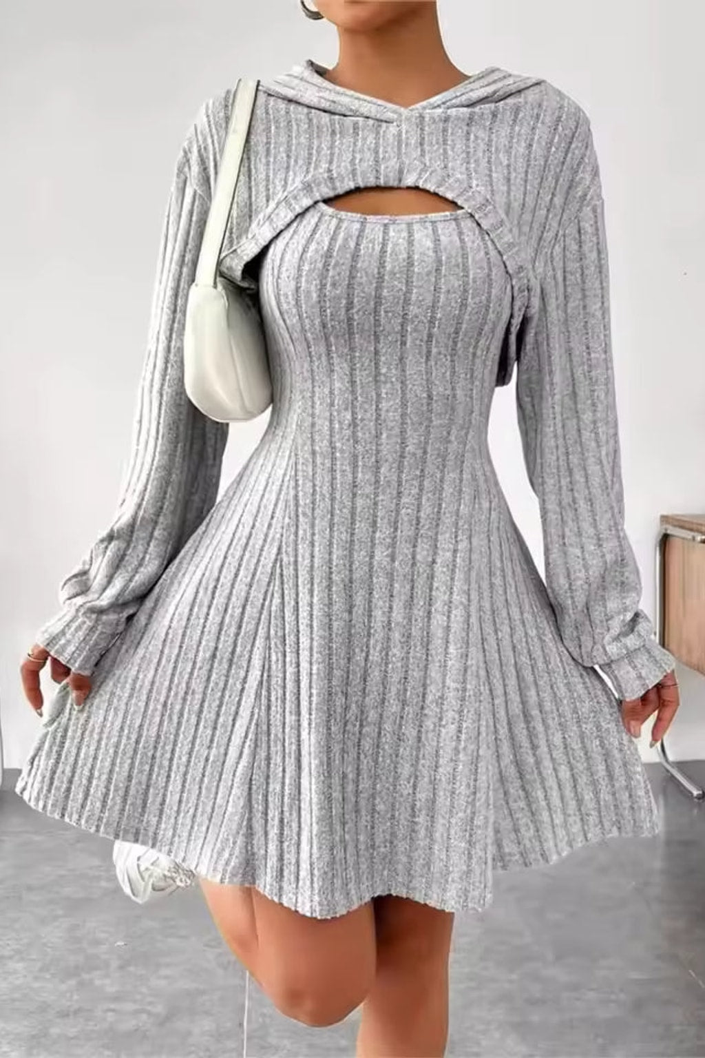 Ribbed Knit Dress Set With Cropped Hoodie - 4