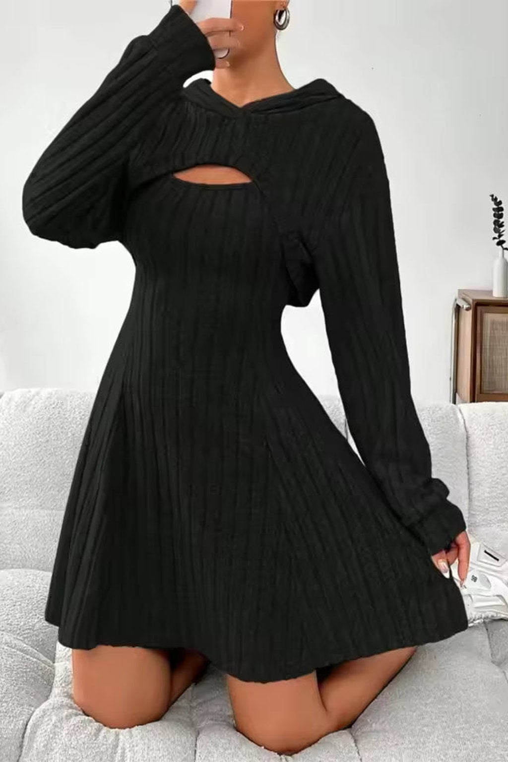 Ribbed Knit Dress Set With Cropped Hoodie - 5