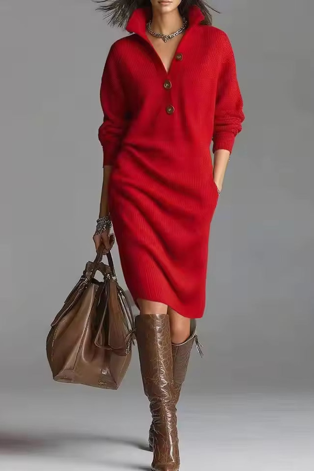 Ribbed Knit Sweater Dress With V-Neck - 4