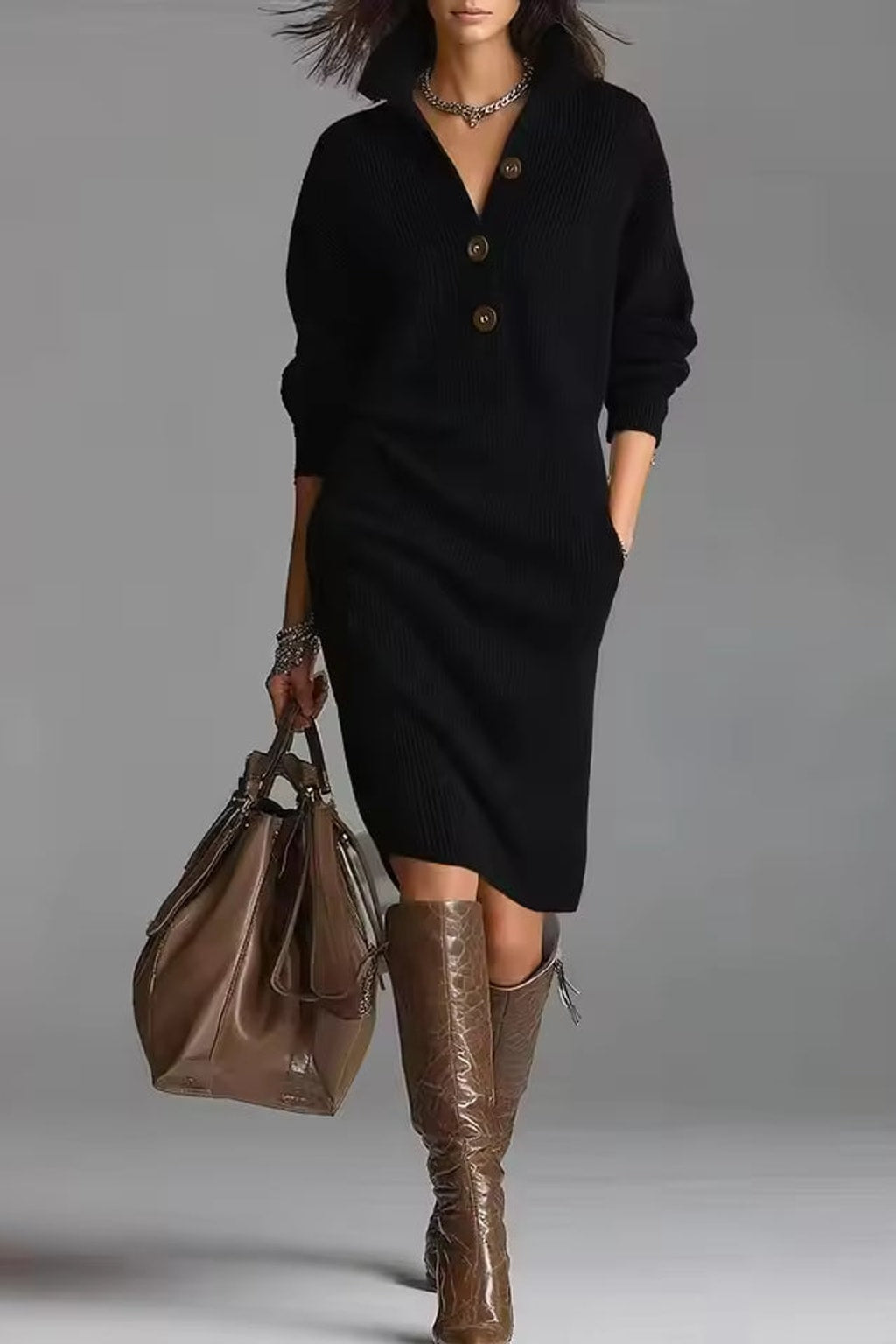 Ribbed Knit Sweater Dress With V-Neck - 6