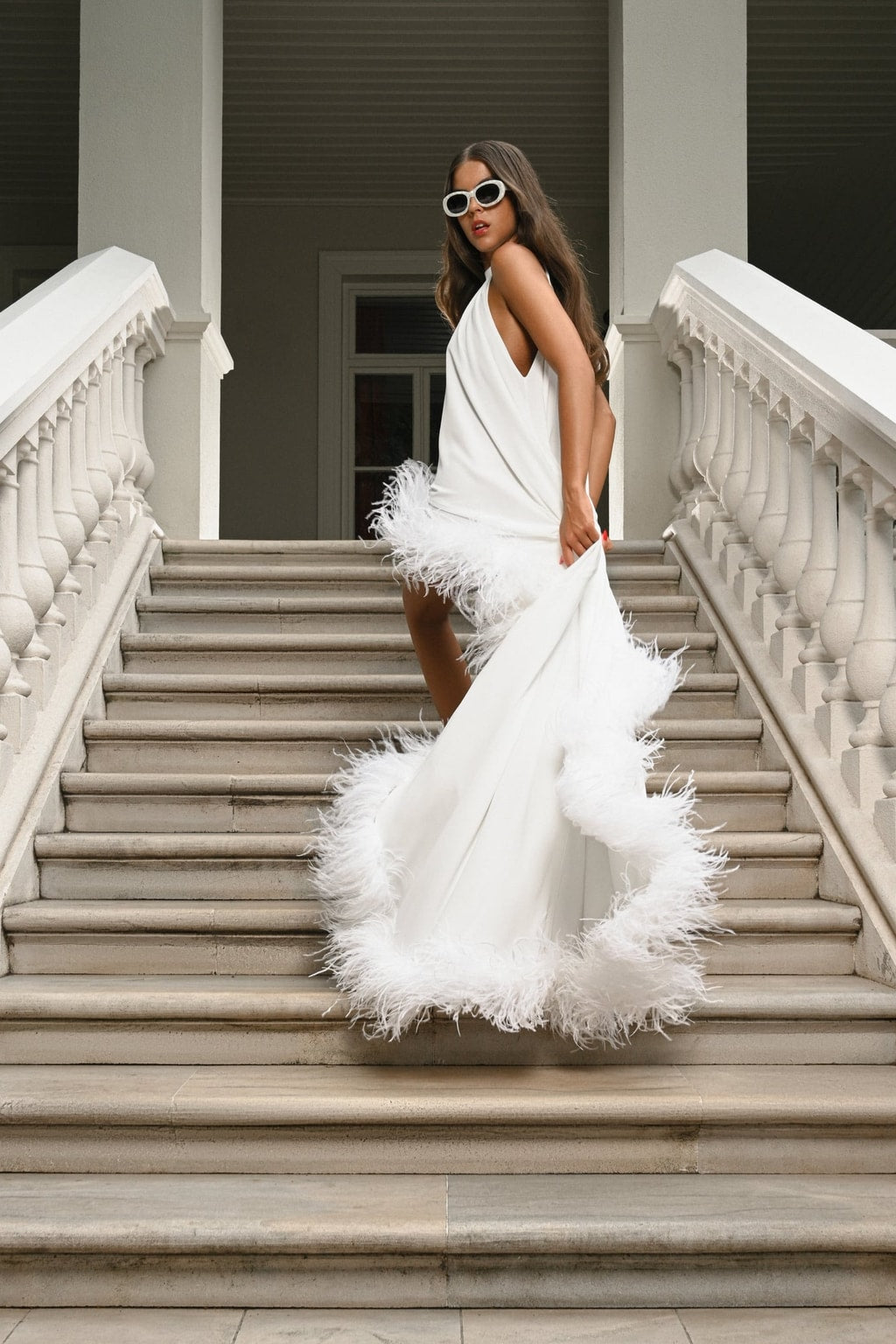 Fluid Fabric Halter Dress With Feather Trim - 4