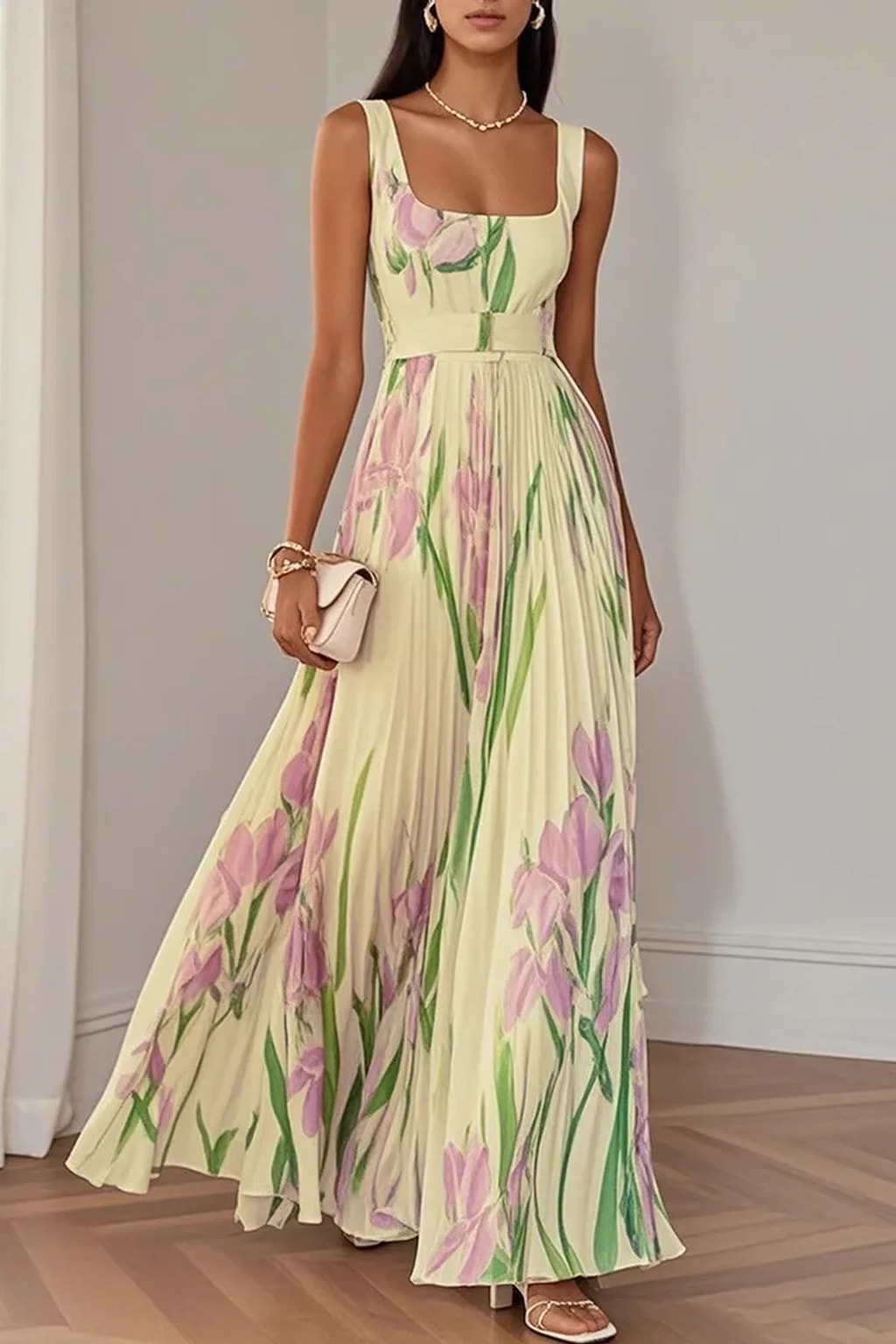 Polyester Floral Dress With Square Neck - 2