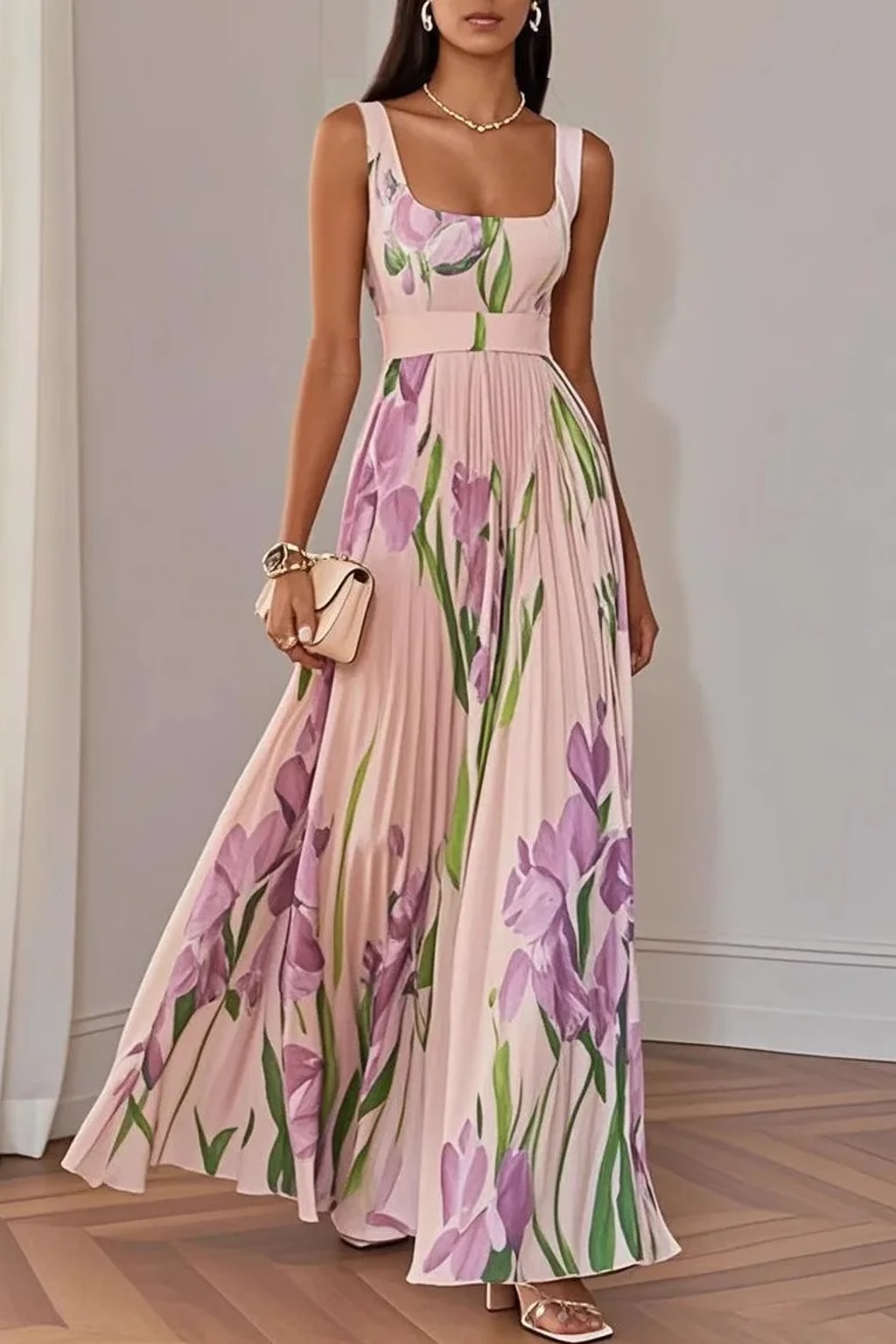 Polyester Floral Dress With Square Neck - 5