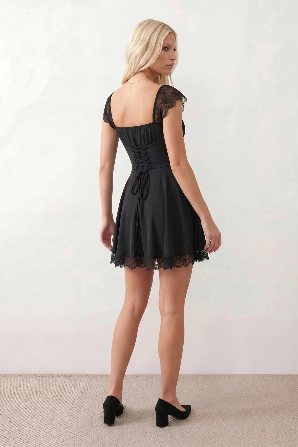 Lace Mini Dress With Lace-Up Back - 4