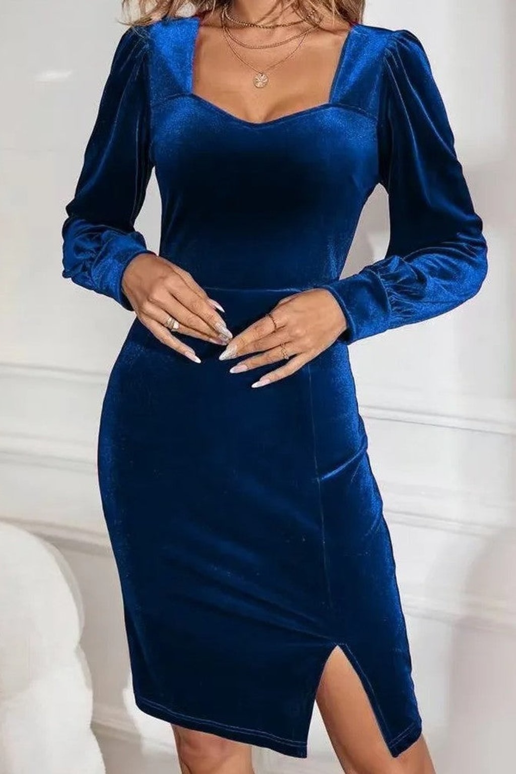 Velvet Midi Dress With Puff Sleeves - 3