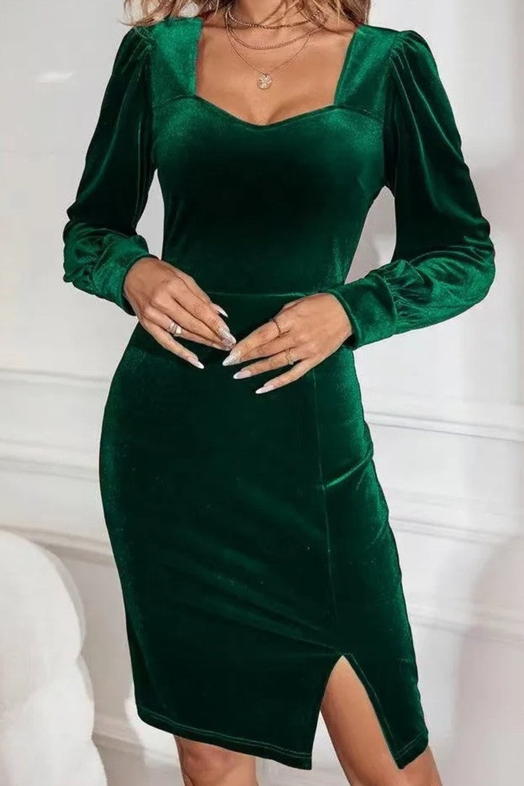 Velvet Midi Dress With Puff Sleeves - 4