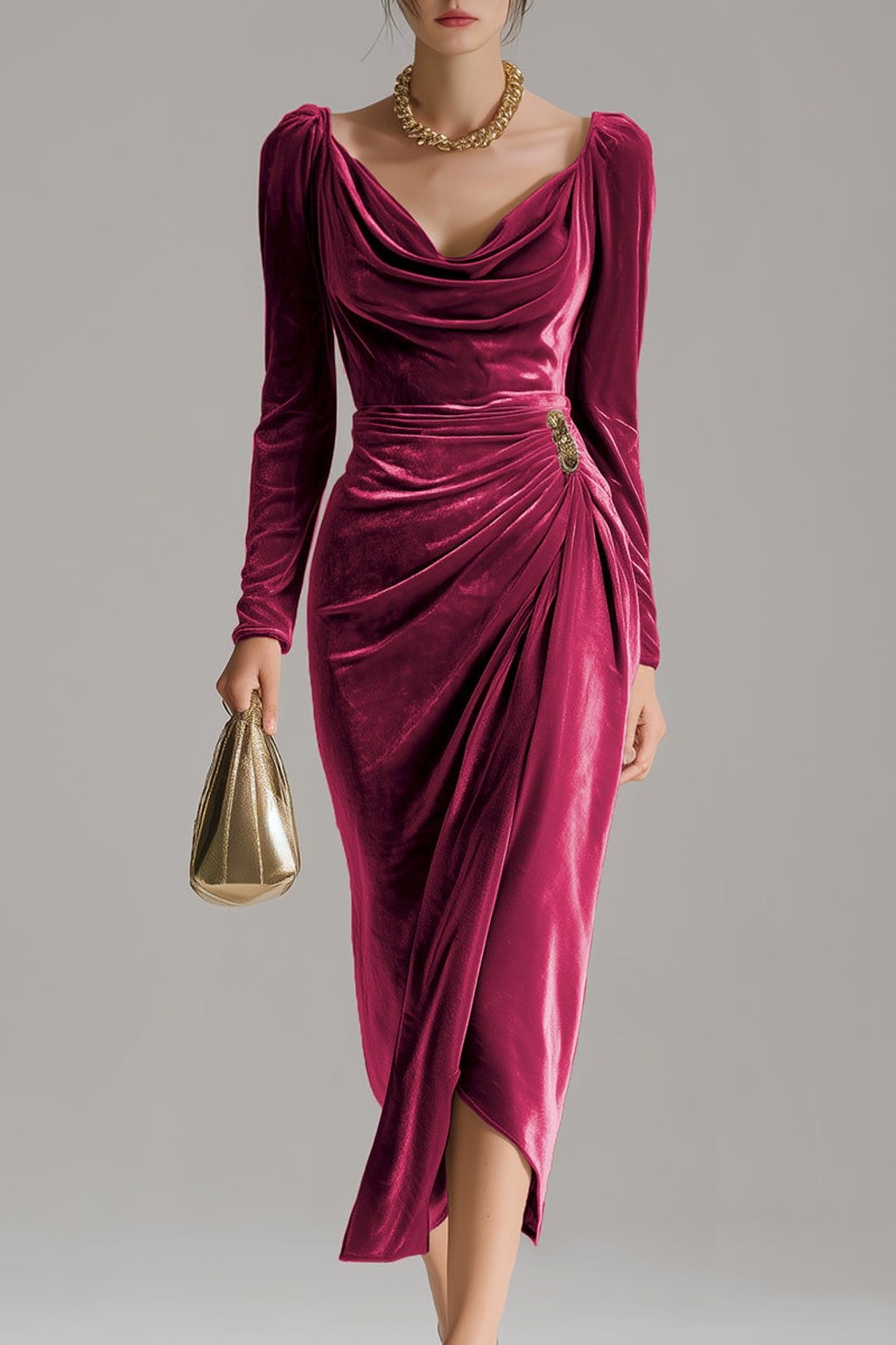 Velvet Midi Dress With Draped Fit - 6