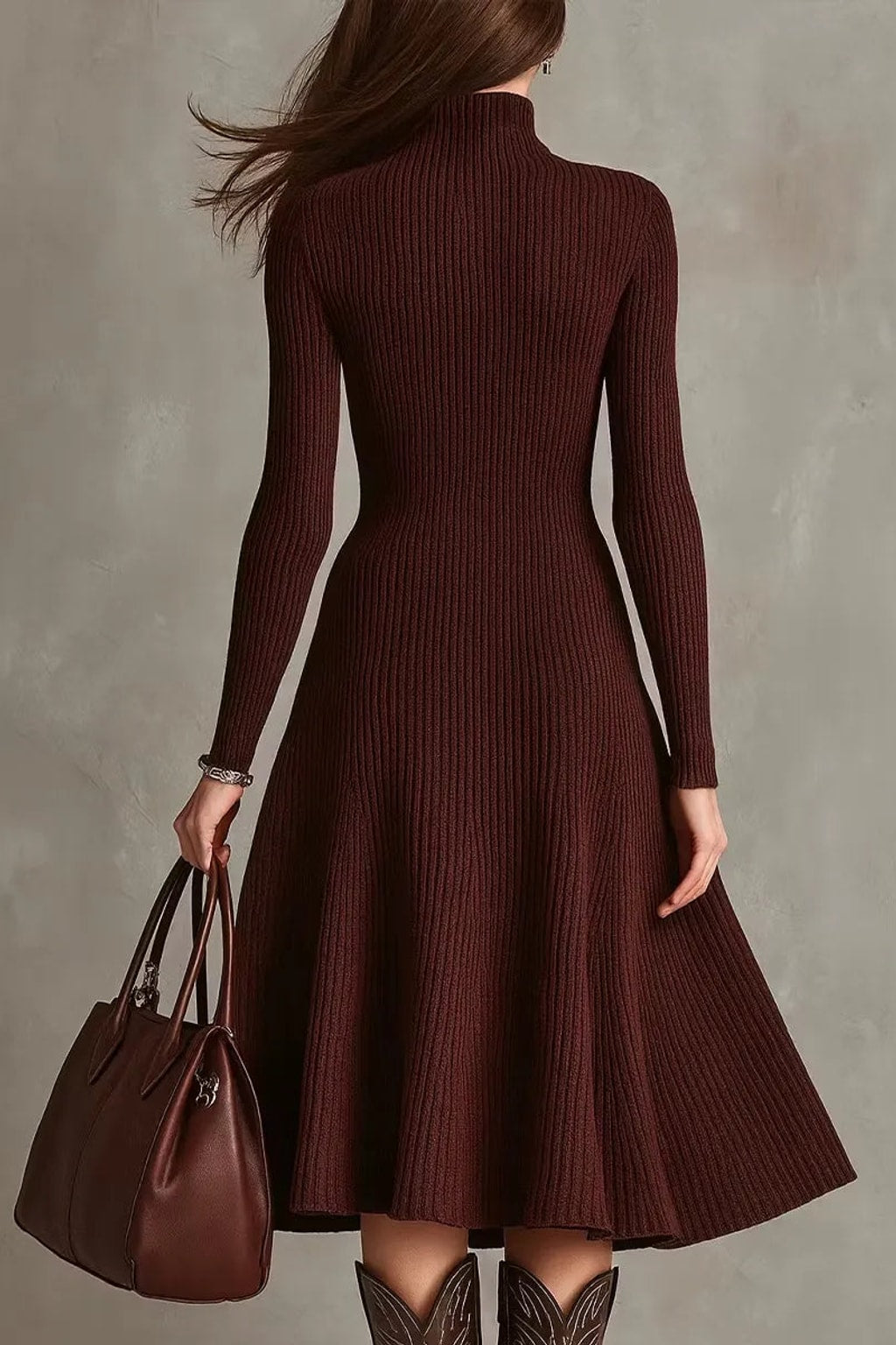 Polyester Spandex Midi Dress With Stand Collar - 4