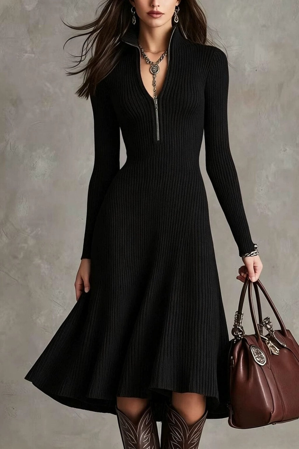 Polyester Spandex Midi Dress With Stand Collar - 5