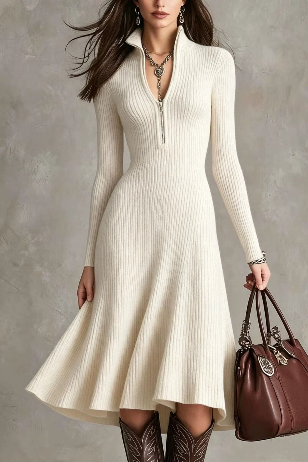Polyester Spandex Midi Dress With Stand Collar - 6
