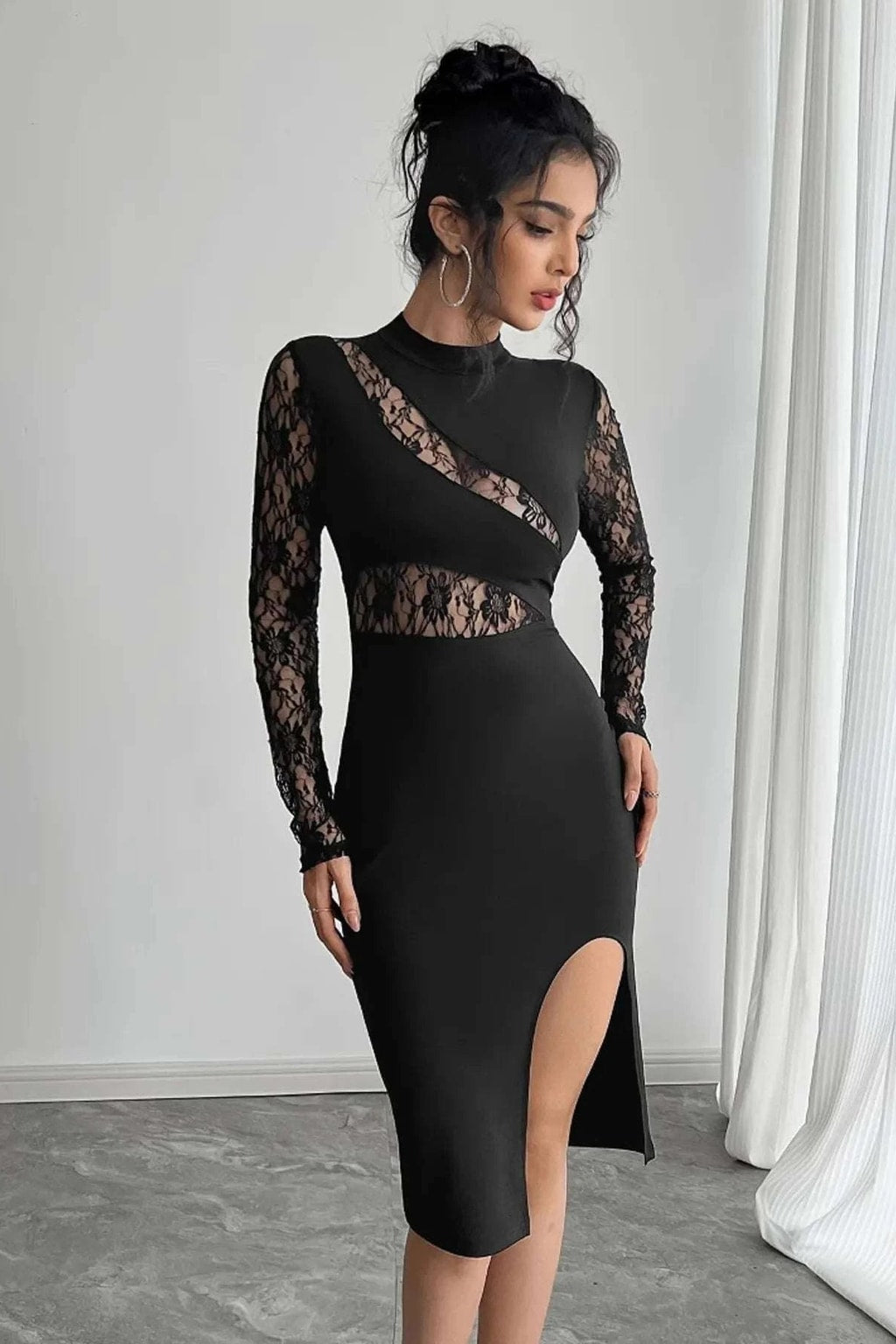 Polyester Dress With Lace Mock Neck - 4