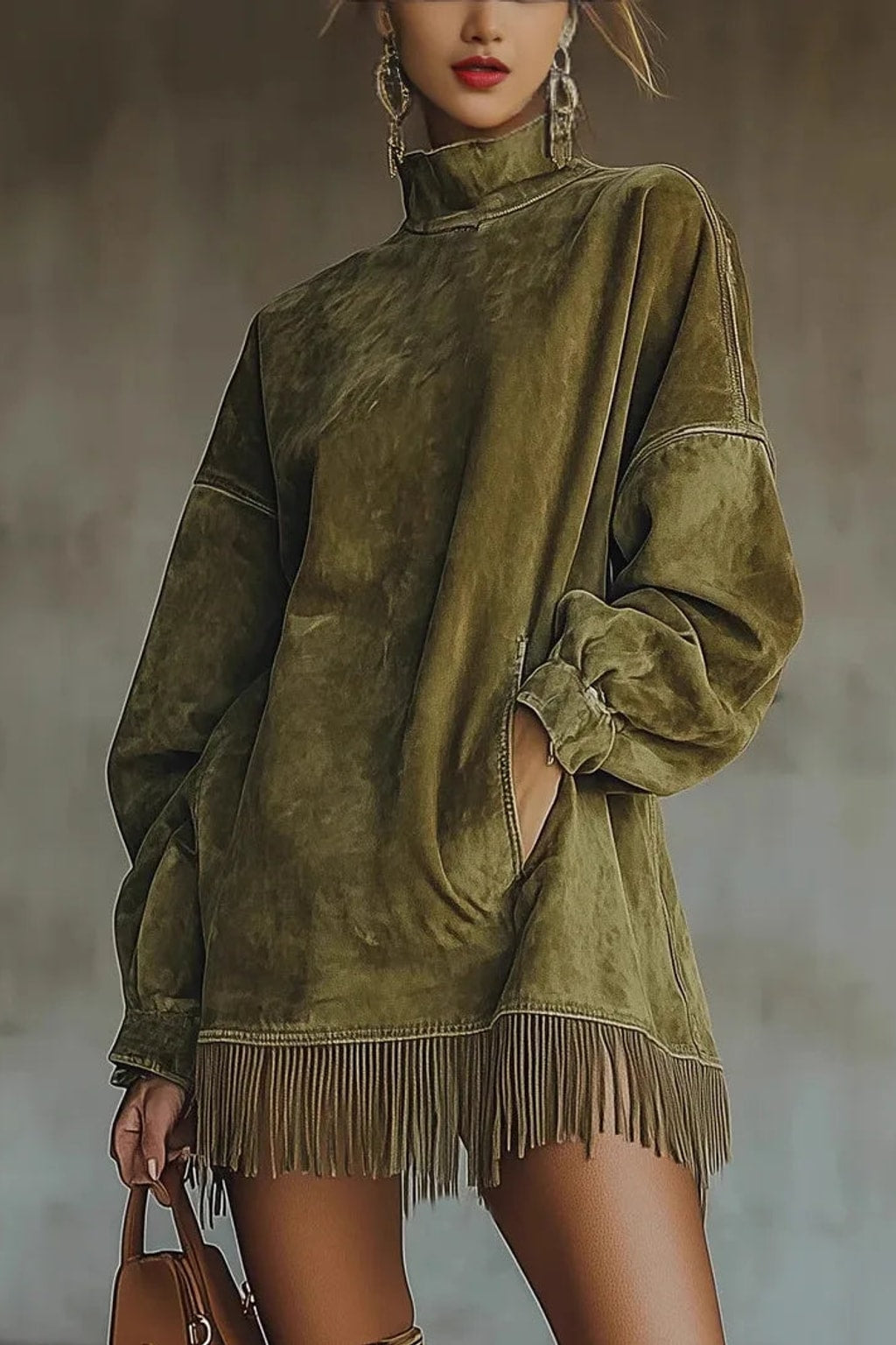 Tunic Dress With High Neck And Fringe Hem - 5