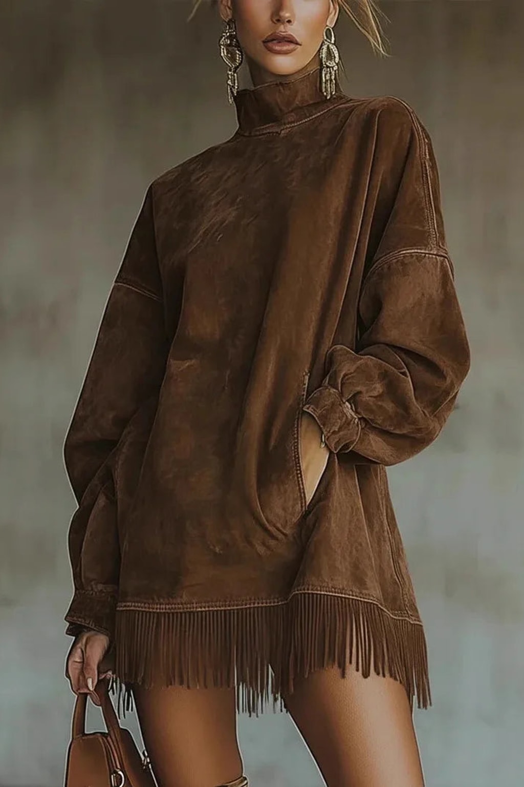 Tunic Dress With High Neck And Fringe Hem - 6