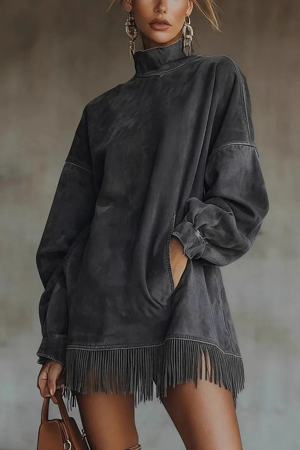 Tunic Dress With High Neck And Fringe Hem - 7