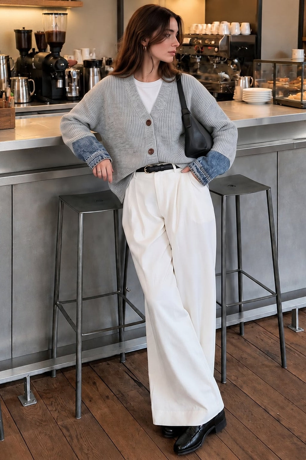 Knit Cardigan With Denim Patchwork - 3