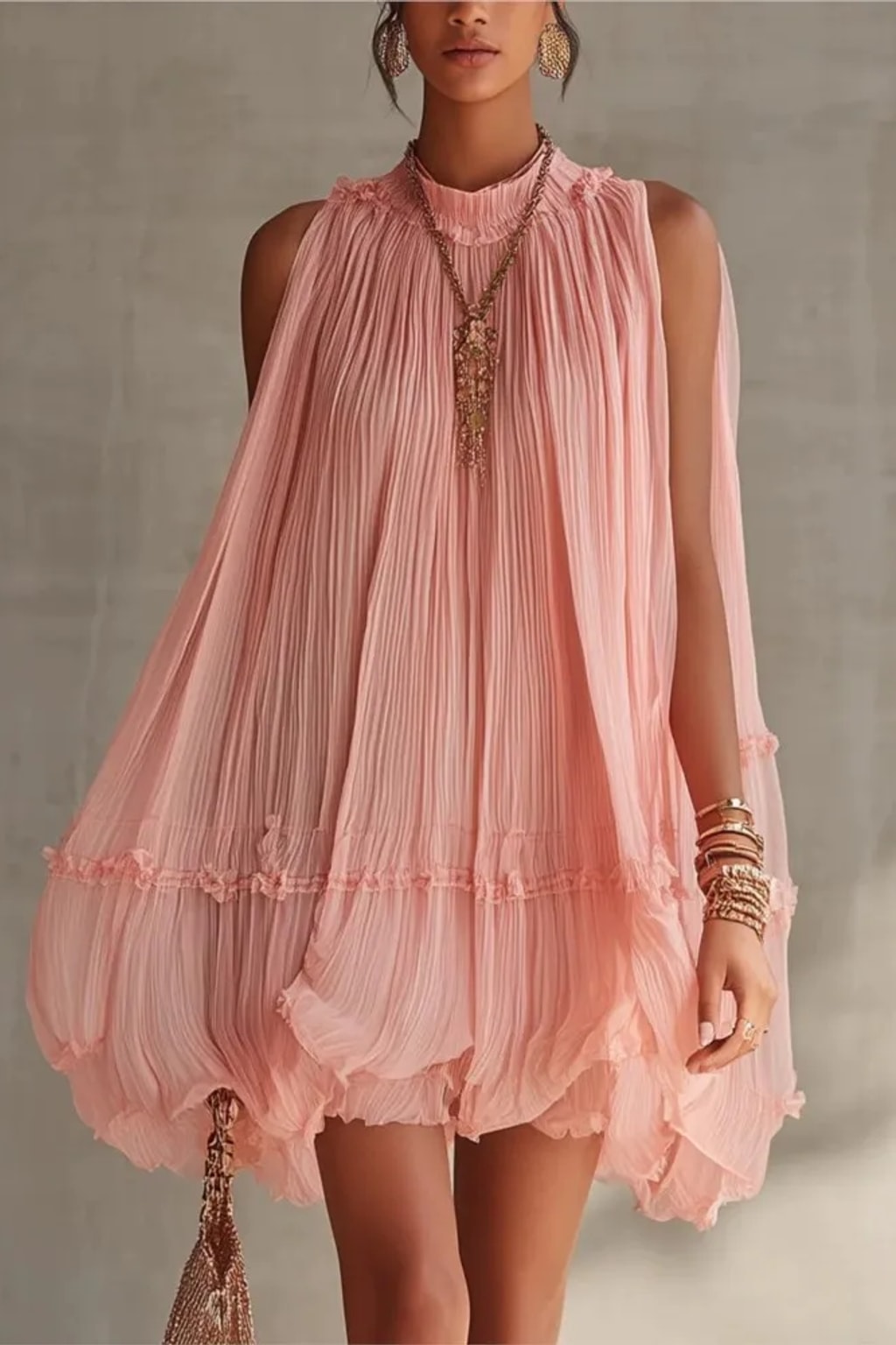 Polyester Chiffon Mini Dress With Pleated High Neck - 5