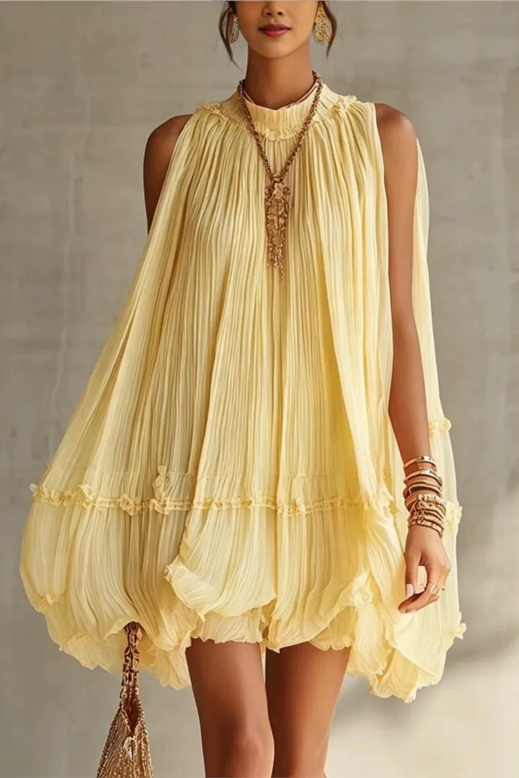 Polyester Chiffon Mini Dress With Pleated High Neck - 6